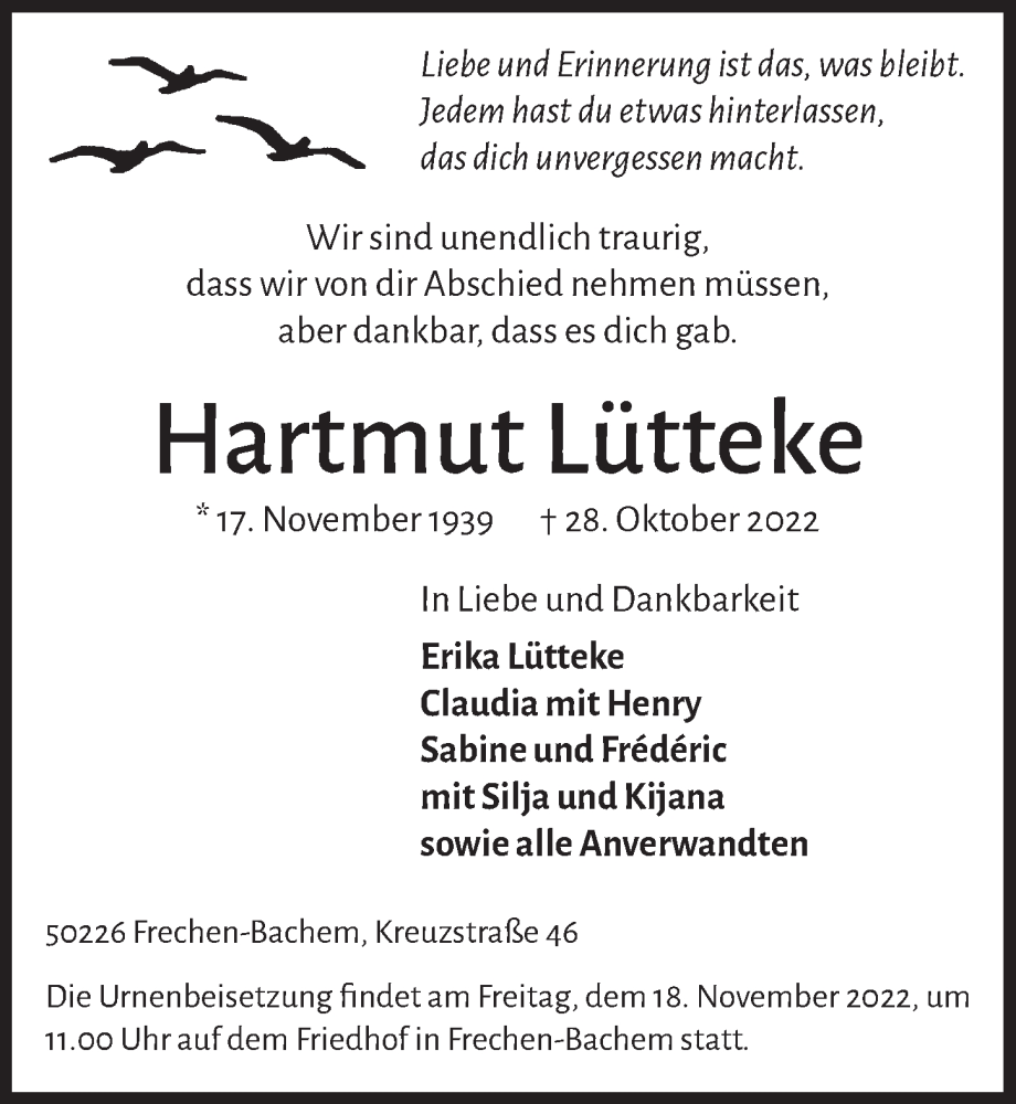Traueranzeigen von Hartmut Lütteke WirTrauern