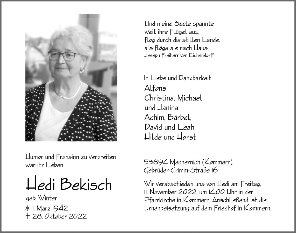  Traueranzeige für Hedi Bekisch vom 05.11.2022 aus  Blickpunkt Euskirchen 