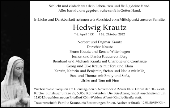 Anzeige von Hedwig Krautz von Kölner Stadt-Anzeiger / Kölnische Rundschau / Express