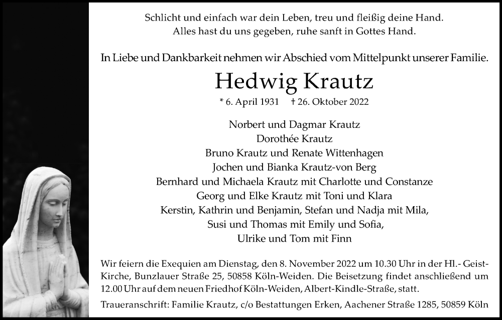  Traueranzeige für Hedwig Krautz vom 05.11.2022 aus Kölner Stadt-Anzeiger / Kölnische Rundschau / Express