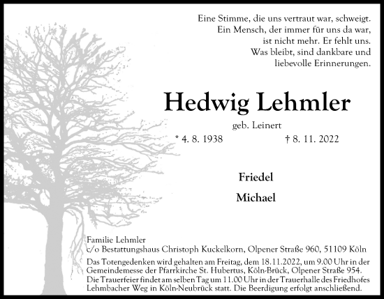 Anzeige von Hedwig Lehmler von Kölner Stadt-Anzeiger / Kölnische Rundschau / Express