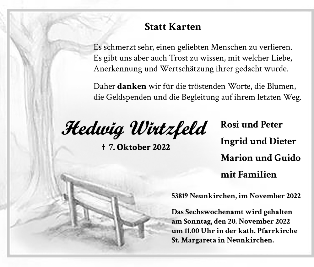  Traueranzeige für Hedwig Wirtzfeld vom 12.11.2022 aus Kölner Stadt-Anzeiger / Kölnische Rundschau / Express