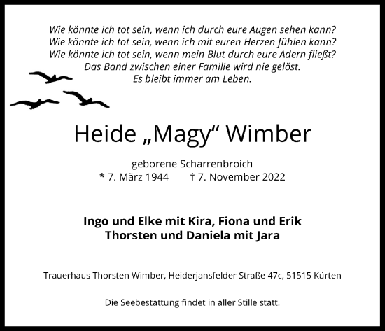 Anzeige von Heide Wimber von Kölner Stadt-Anzeiger / Kölnische Rundschau / Express