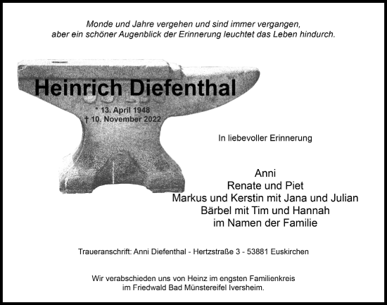 Anzeige von Heinrich Diefenthal von  Blickpunkt Euskirchen 
