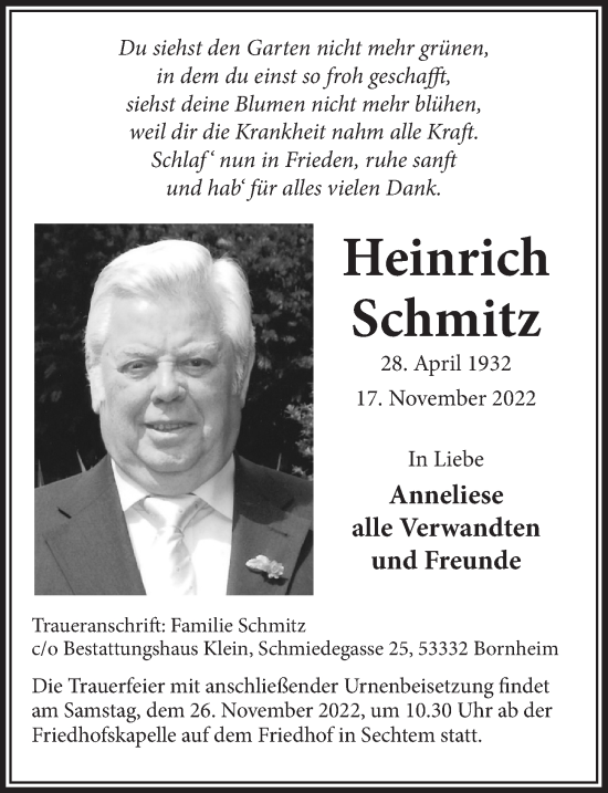 Anzeige von Heinrich Schmitz von  Schaufenster/Blickpunkt  Schlossbote/Werbekurier 
