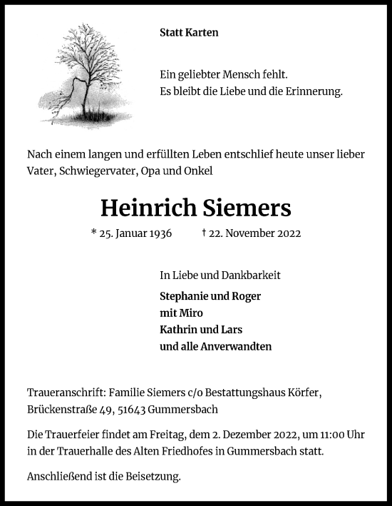 Anzeige von Heinrich Siemers von Kölner Stadt-Anzeiger / Kölnische Rundschau / Express