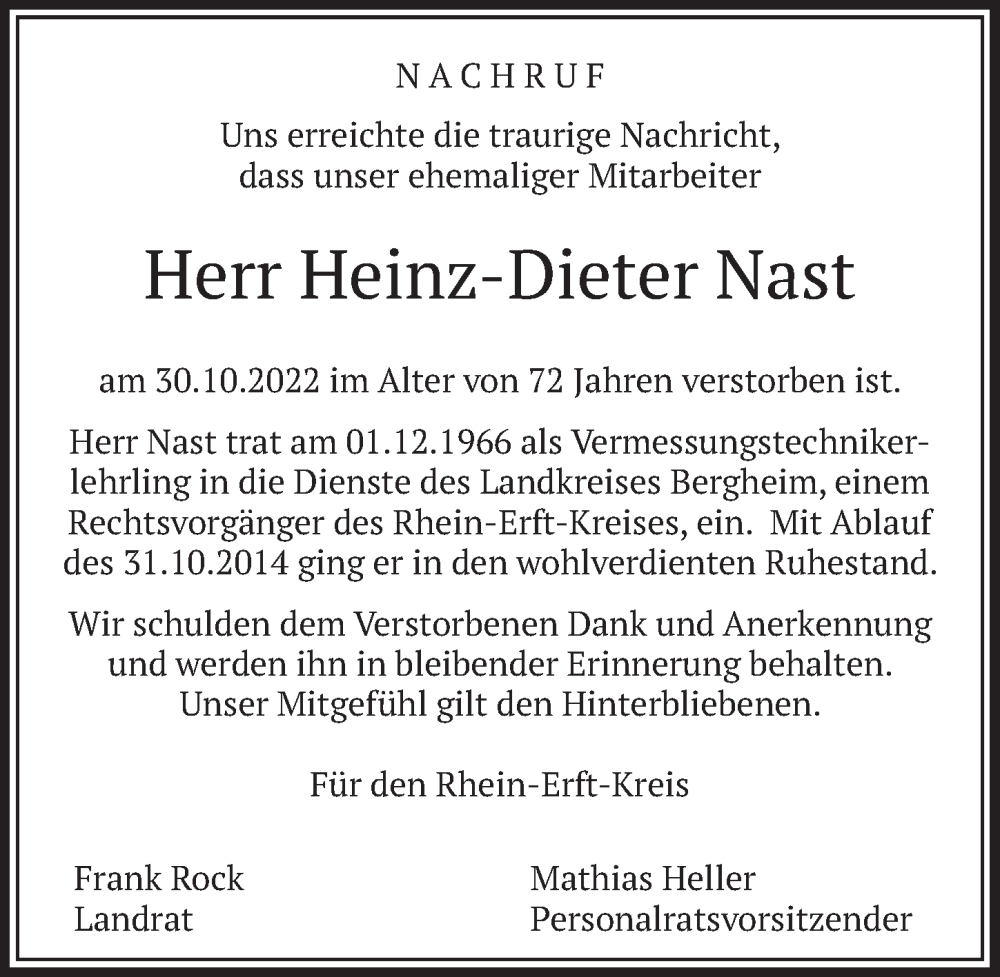  Traueranzeige für Heinz-Dieter Nast vom 18.11.2022 aus  Wochenende  Schlossbote/Werbekurier  Werbepost 