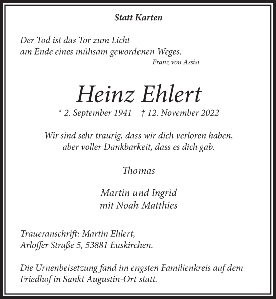 Anzeige von Heinz Ehlert von  Extra Blatt 