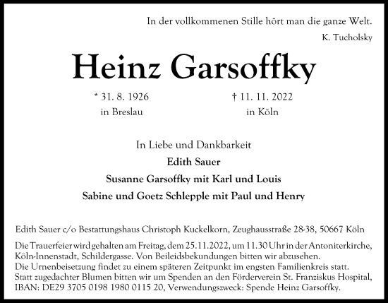 Anzeige von Heinz Garsoffky von Kölner Stadt-Anzeiger / Kölnische Rundschau / Express