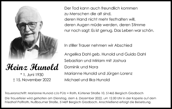 Anzeige von Heinz Hunold von Kölner Stadt-Anzeiger / Kölnische Rundschau / Express