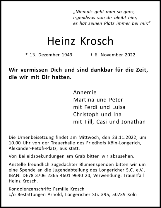 Anzeige von Heinz Krosch von Kölner Stadt-Anzeiger / Kölnische Rundschau / Express