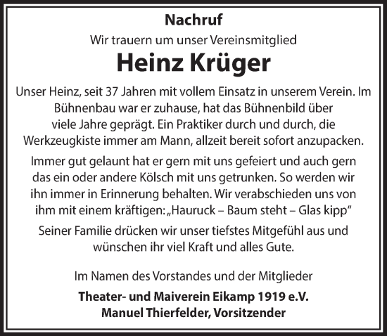 Anzeige von Heinz Krüger von  Bergisches Handelsblatt 