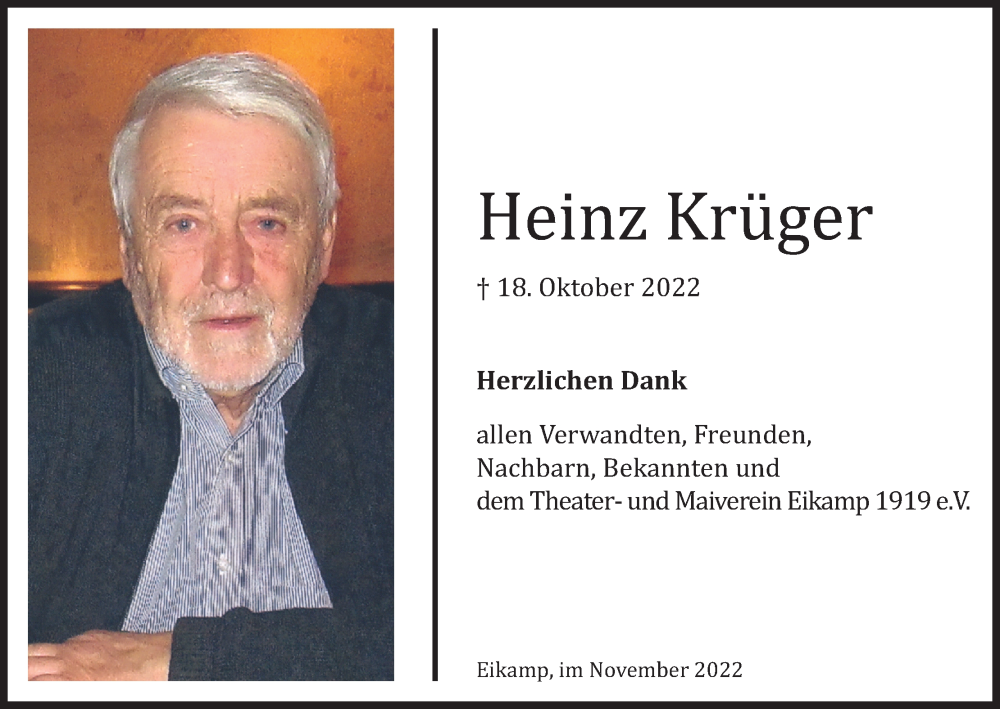  Traueranzeige für Heinz Krüger vom 26.11.2022 aus Kölner Stadt-Anzeiger / Kölnische Rundschau / Express