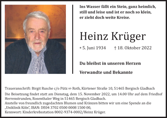 Anzeige von Heinz Krüger von Kölner Stadt-Anzeiger / Kölnische Rundschau / Express