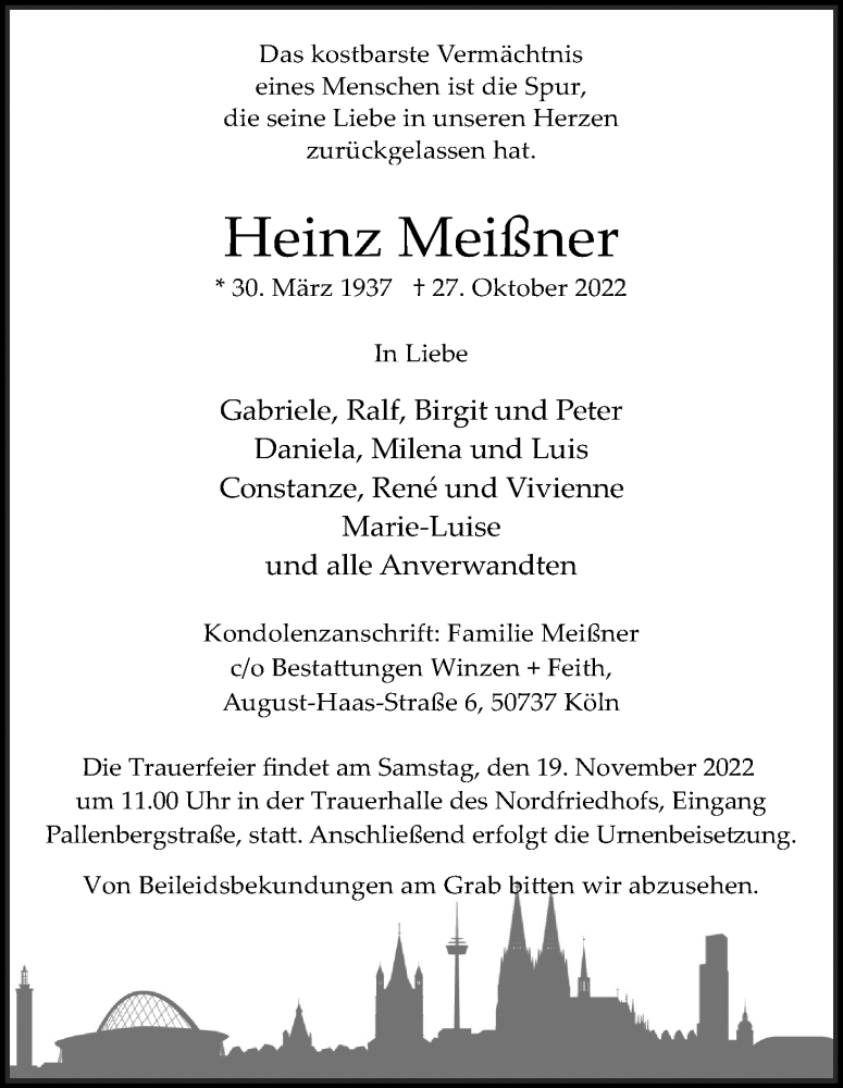  Traueranzeige für Heinz Meißner vom 12.11.2022 aus Kölner Stadt-Anzeiger / Kölnische Rundschau / Express