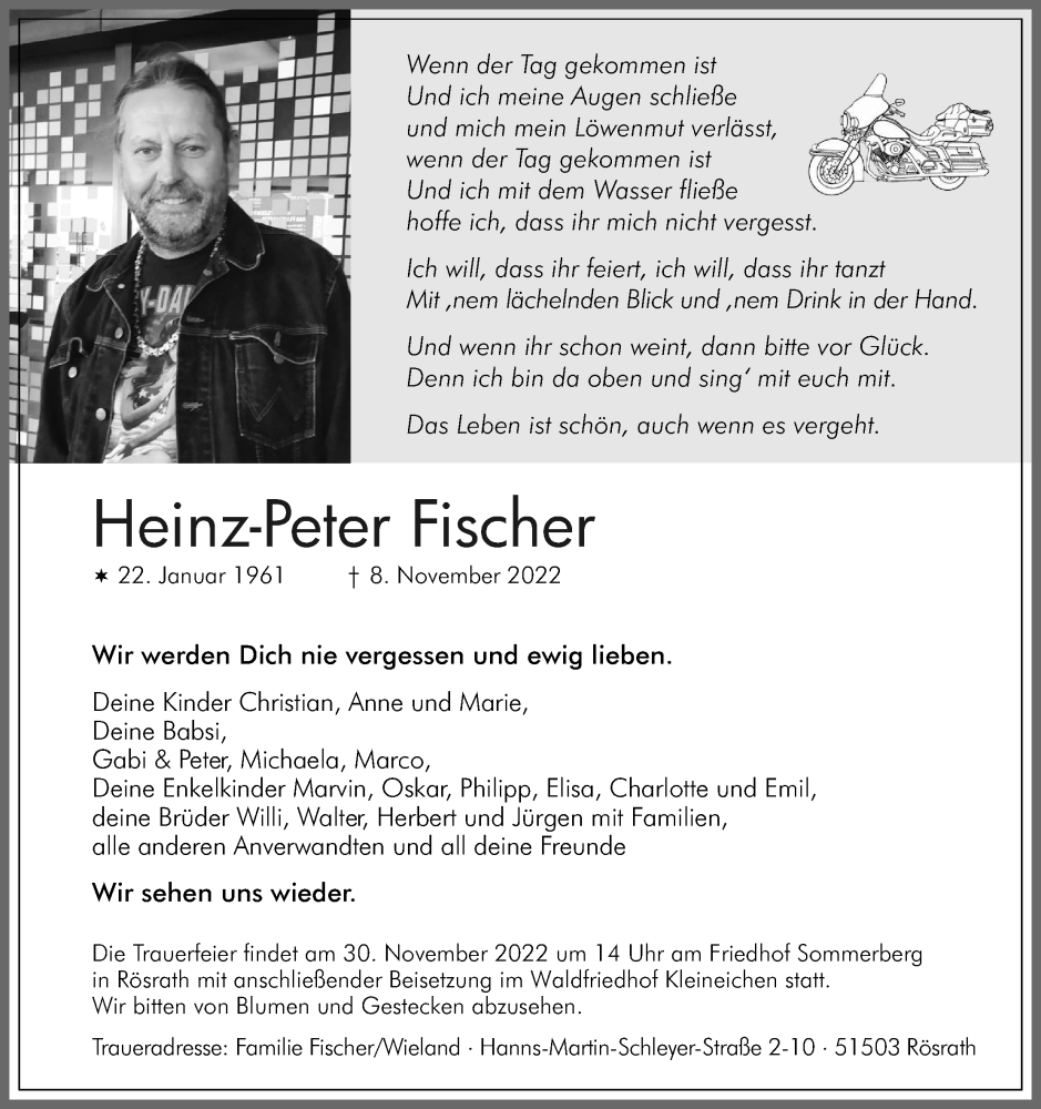  Traueranzeige für Heinz-Peter Fischer vom 19.11.2022 aus Kölner Stadt-Anzeiger / Kölnische Rundschau / Express