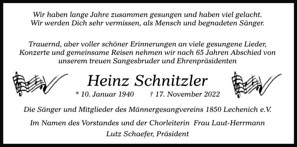 Traueranzeigen von Heinz Schnitzler WirTrauern