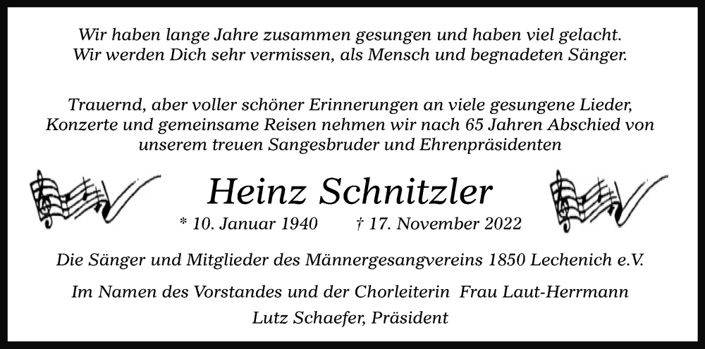  Traueranzeige für Heinz Schnitzler vom 23.11.2022 aus Kölner Stadt-Anzeiger / Kölnische Rundschau / Express