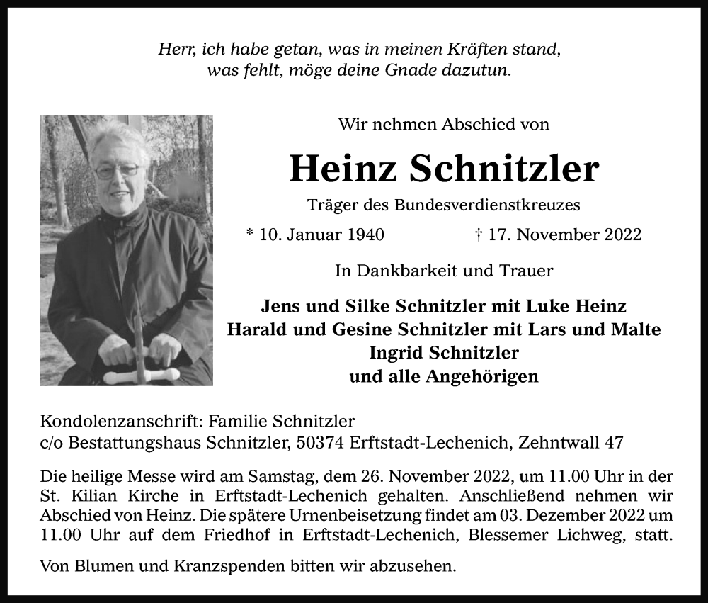  Traueranzeige für Heinz Schnitzler vom 23.11.2022 aus Kölner Stadt-Anzeiger / Kölnische Rundschau / Express