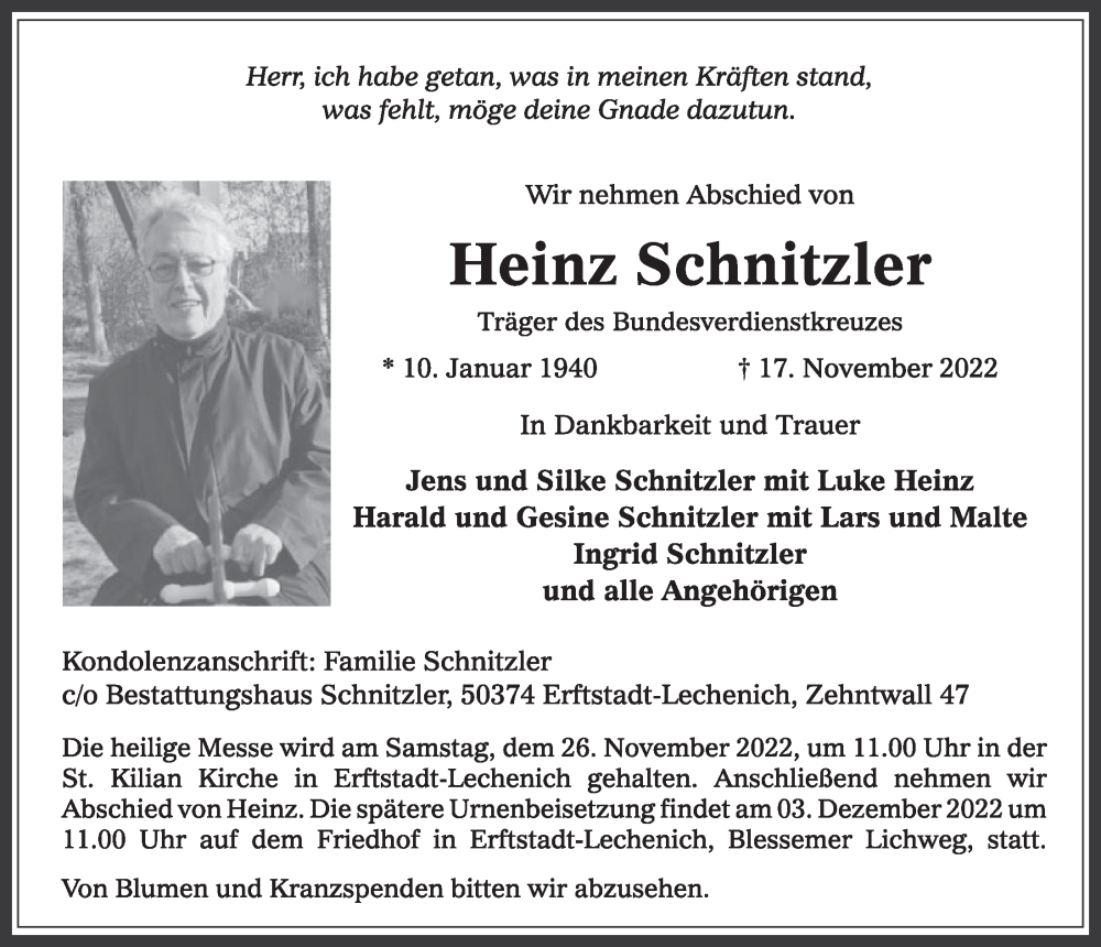  Traueranzeige für Heinz Schnitzler vom 25.11.2022 aus  Werbepost 