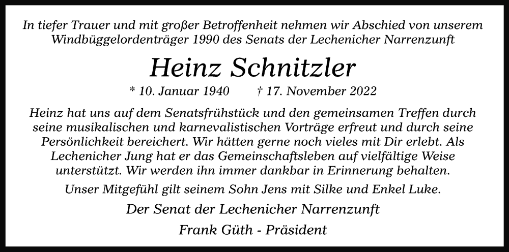  Traueranzeige für Heinz Schnitzler vom 23.11.2022 aus Kölner Stadt-Anzeiger / Kölnische Rundschau / Express
