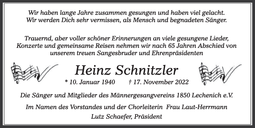  Traueranzeige für Heinz Schnitzler vom 25.11.2022 aus  Werbepost 