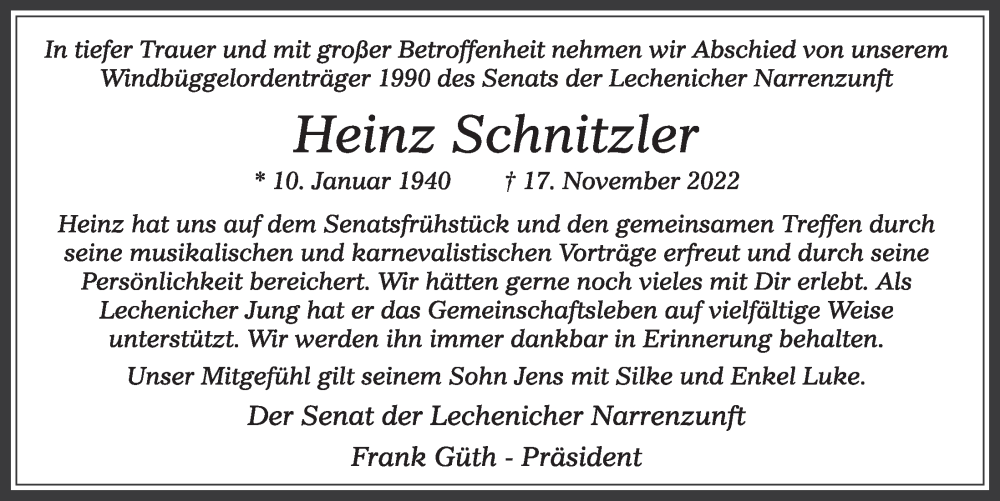  Traueranzeige für Heinz Schnitzler vom 25.11.2022 aus  Werbepost 