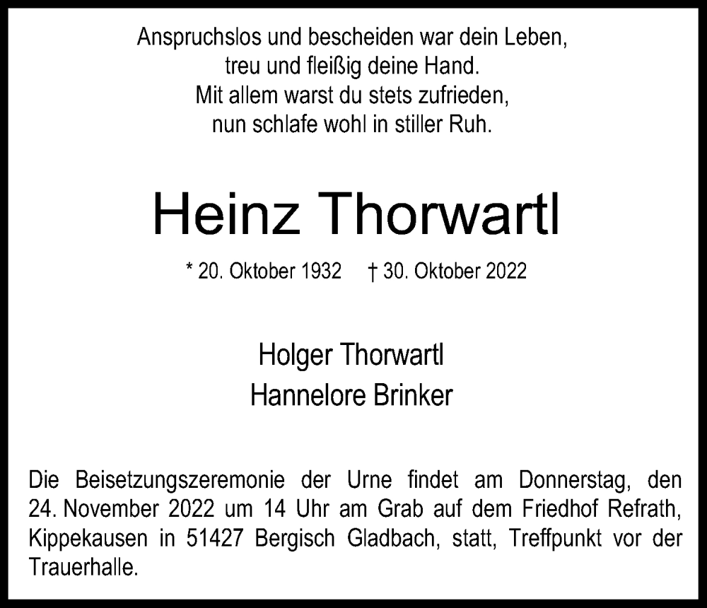  Traueranzeige für Heinz Thorwartl vom 12.11.2022 aus Kölner Stadt-Anzeiger / Kölnische Rundschau / Express