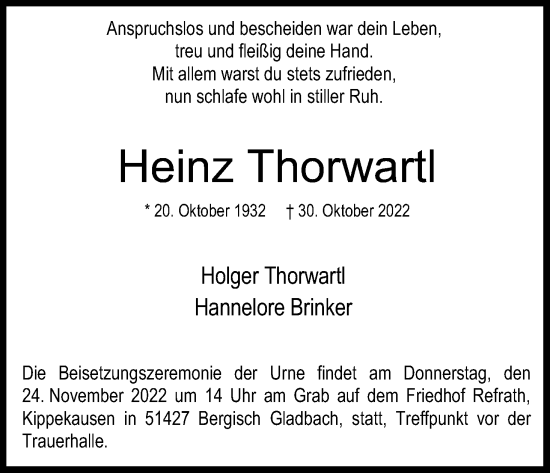 Anzeige von Heinz Thorwartl von Kölner Stadt-Anzeiger / Kölnische Rundschau / Express
