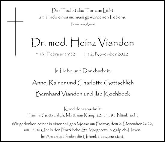 Anzeige von Heinz Vianden von  Blickpunkt Euskirchen 