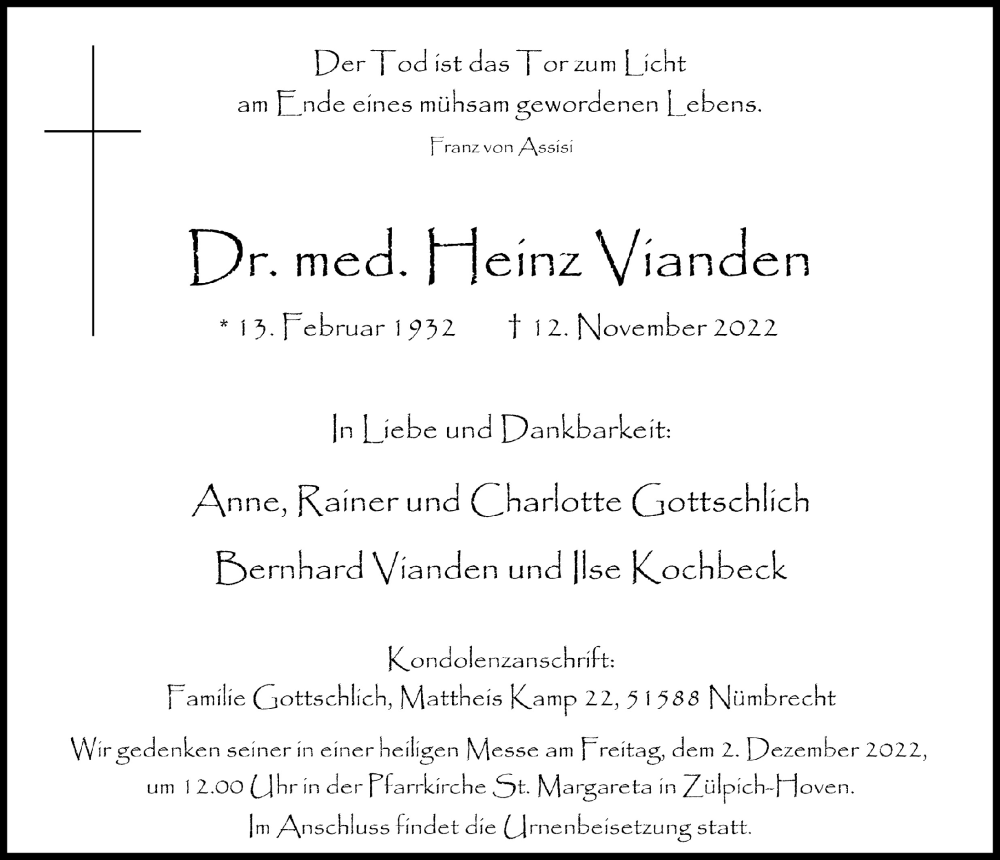 Traueranzeige für Heinz Vianden vom 19.11.2022 aus  Blickpunkt Euskirchen 