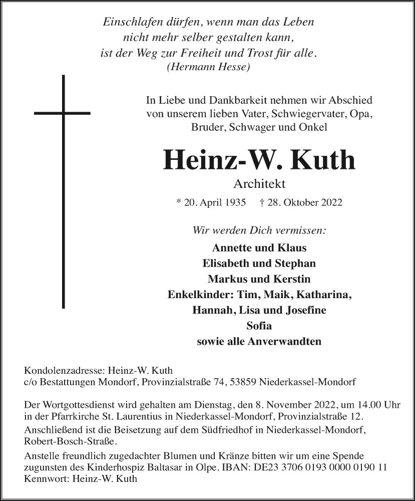  Traueranzeige für Heinz-W. Kuth vom 05.11.2022 aus Kölner Stadt-Anzeiger / Kölnische Rundschau / Express