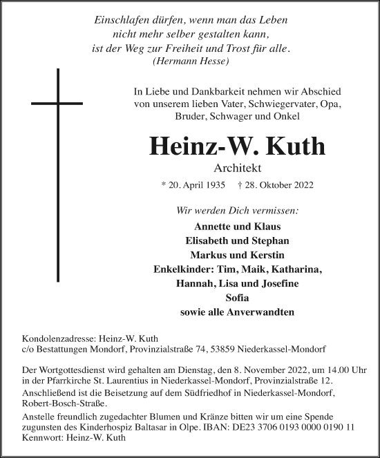 Anzeige von Heinz-W. Kuth von Kölner Stadt-Anzeiger / Kölnische Rundschau / Express