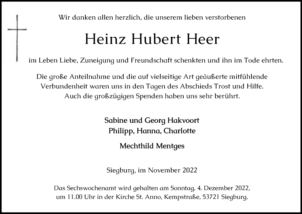  Traueranzeige für Heinz Hubert Heer vom 26.11.2022 aus Kölner Stadt-Anzeiger / Kölnische Rundschau / Express
