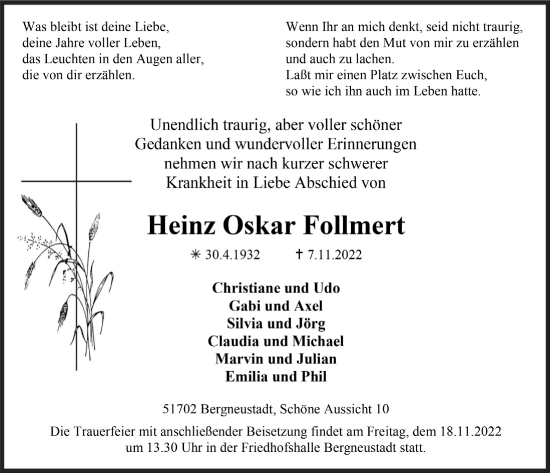 Anzeige von Heinz Oskar Follmert von  Anzeigen Echo 