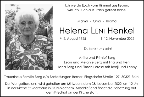 Anzeige von Helena Leni Henkel von Kölner Stadt-Anzeiger / Kölnische Rundschau / Express