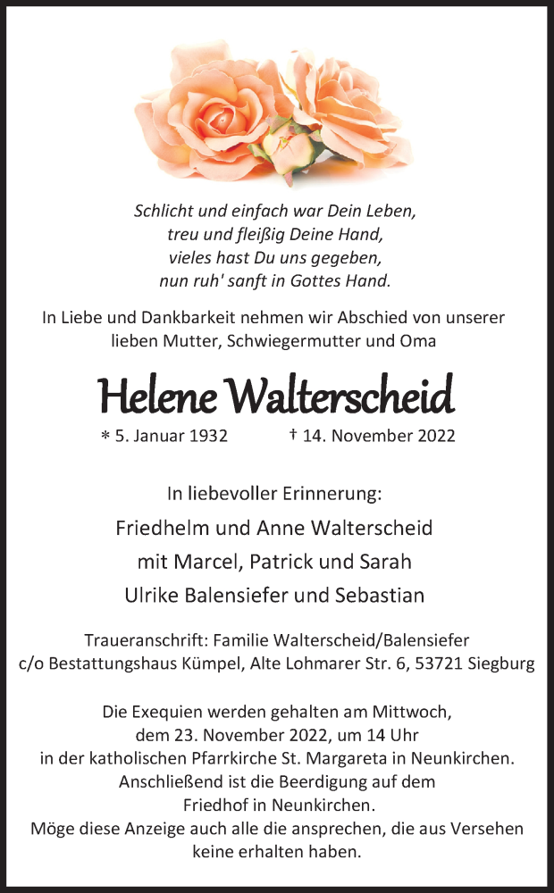  Traueranzeige für Helene Walterscheid vom 19.11.2022 aus Kölner Stadt-Anzeiger / Kölnische Rundschau / Express