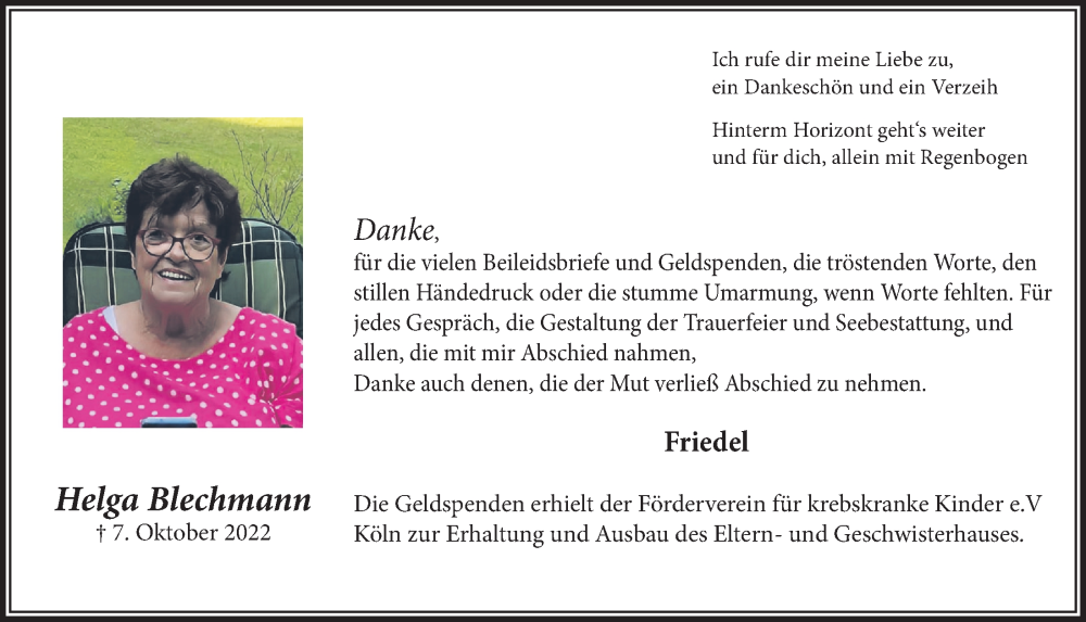  Traueranzeige für Helga Blechmann vom 25.11.2022 aus  Bergisches Handelsblatt 