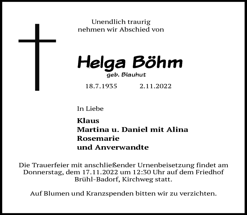  Traueranzeige für Helga Böhm vom 11.11.2022 aus  Schlossbote/Werbekurier 