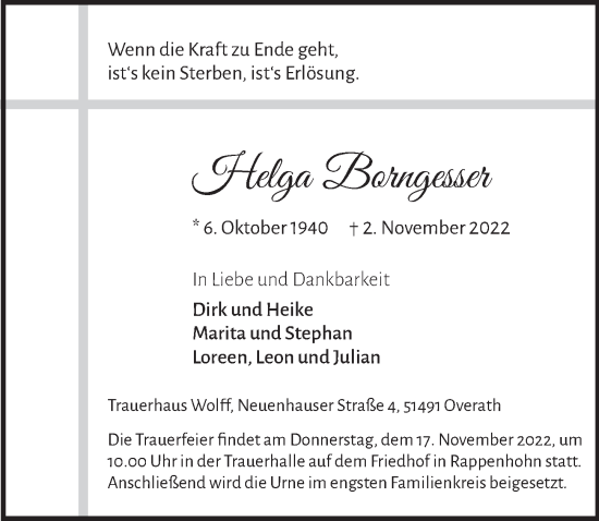Anzeige von Helga Borngesser von  Bergisches Handelsblatt 