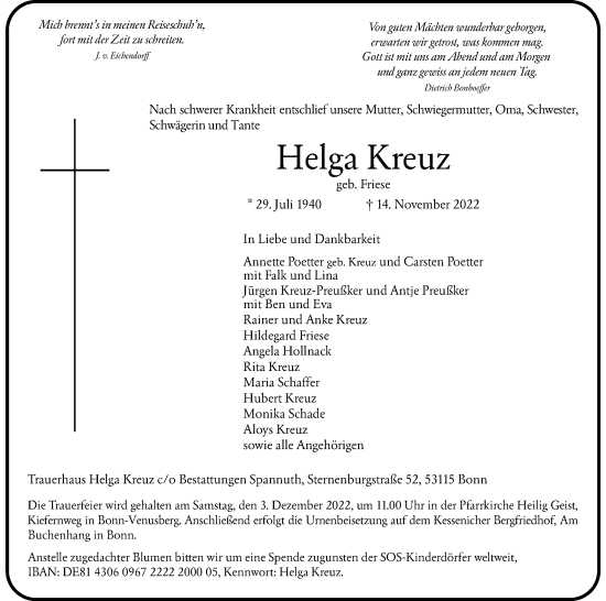 Anzeige von Helga Kreuz von Kölner Stadt-Anzeiger / Kölnische Rundschau / Express
