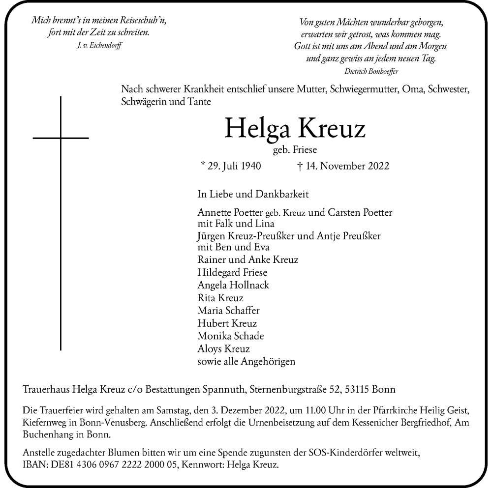  Traueranzeige für Helga Kreuz vom 26.11.2022 aus Kölner Stadt-Anzeiger / Kölnische Rundschau / Express