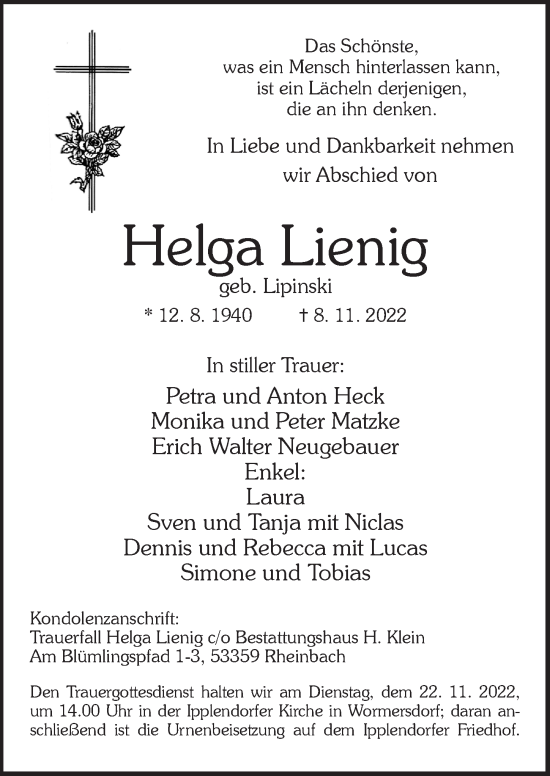 Anzeige von Helga Lienig von  Schaufenster/Blickpunkt 