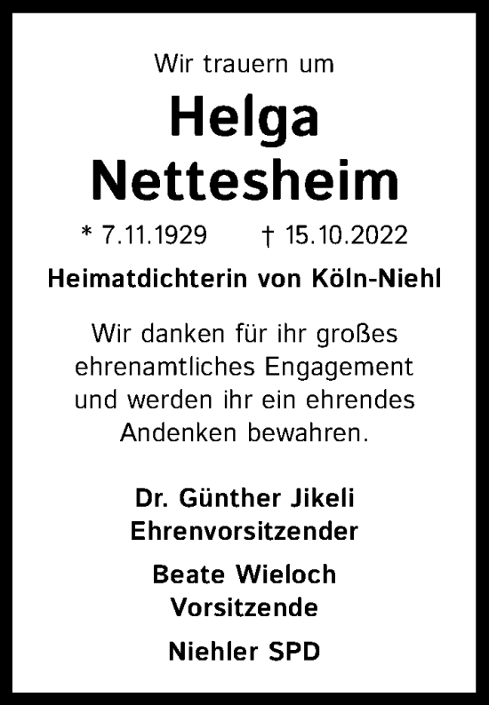 Anzeige von Helga Nettesheim von Kölner Stadt-Anzeiger / Kölnische Rundschau / Express