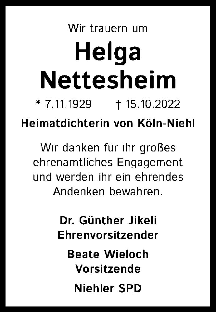  Traueranzeige für Helga Nettesheim vom 12.11.2022 aus Kölner Stadt-Anzeiger / Kölnische Rundschau / Express