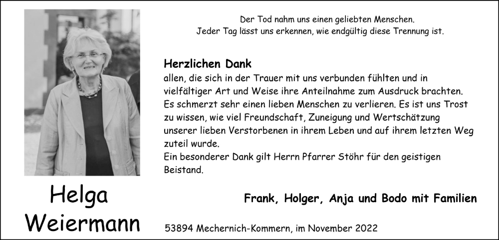  Traueranzeige für Helga Weiermann vom 26.11.2022 aus  Blickpunkt Euskirchen 