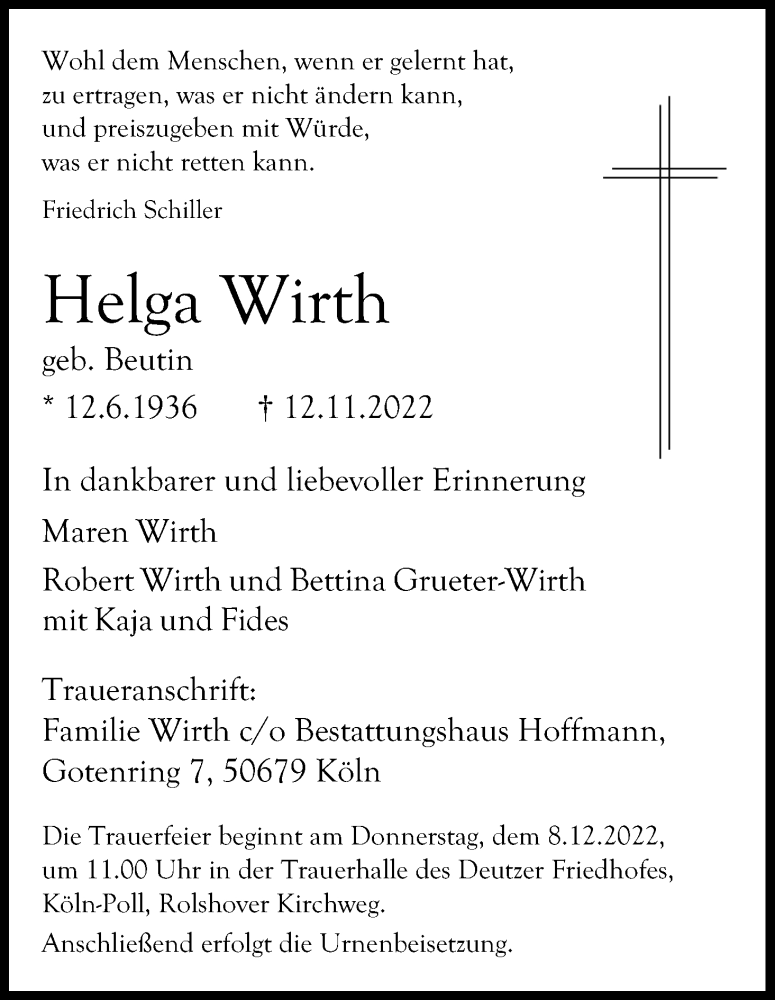  Traueranzeige für Helga Wirth vom 26.11.2022 aus Kölner Stadt-Anzeiger / Kölnische Rundschau / Express