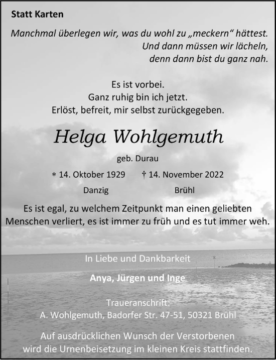 Anzeige von Helga Wohlgemuth von  Schlossbote/Werbekurier 