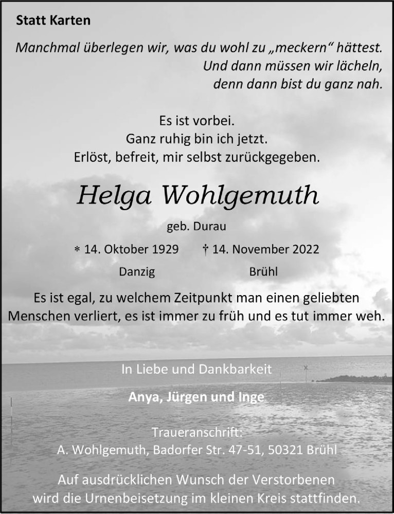  Traueranzeige für Helga Wohlgemuth vom 25.11.2022 aus  Schlossbote/Werbekurier 