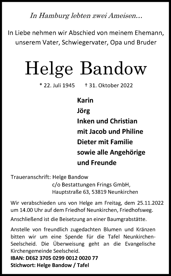 Anzeige von Helge Bandow von Kölner Stadt-Anzeiger / Kölnische Rundschau / Express